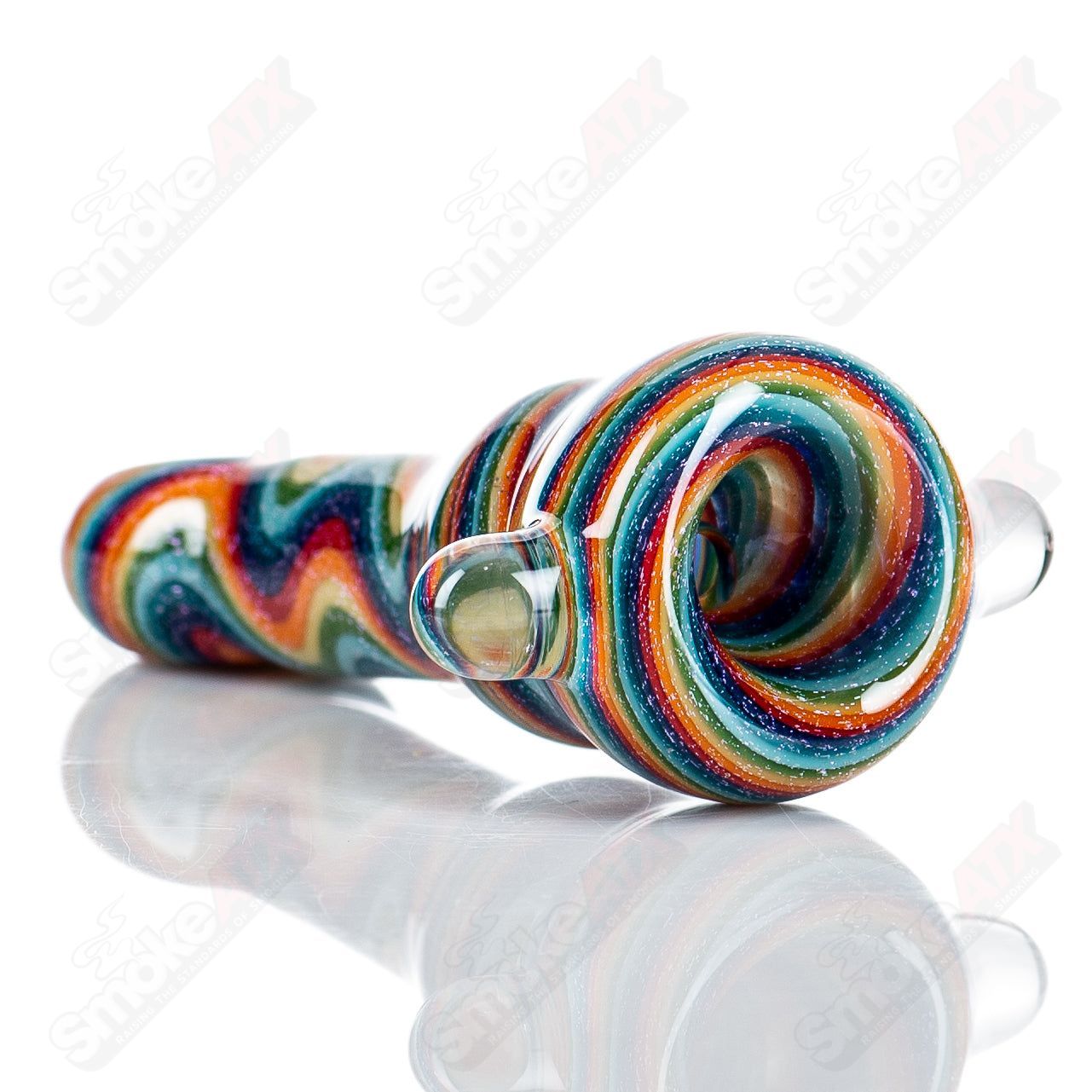 Colorful rainbow dichro glass chillum with push bowl by Shane Smith, featuring intricate line work and vibrant rainbow hues.