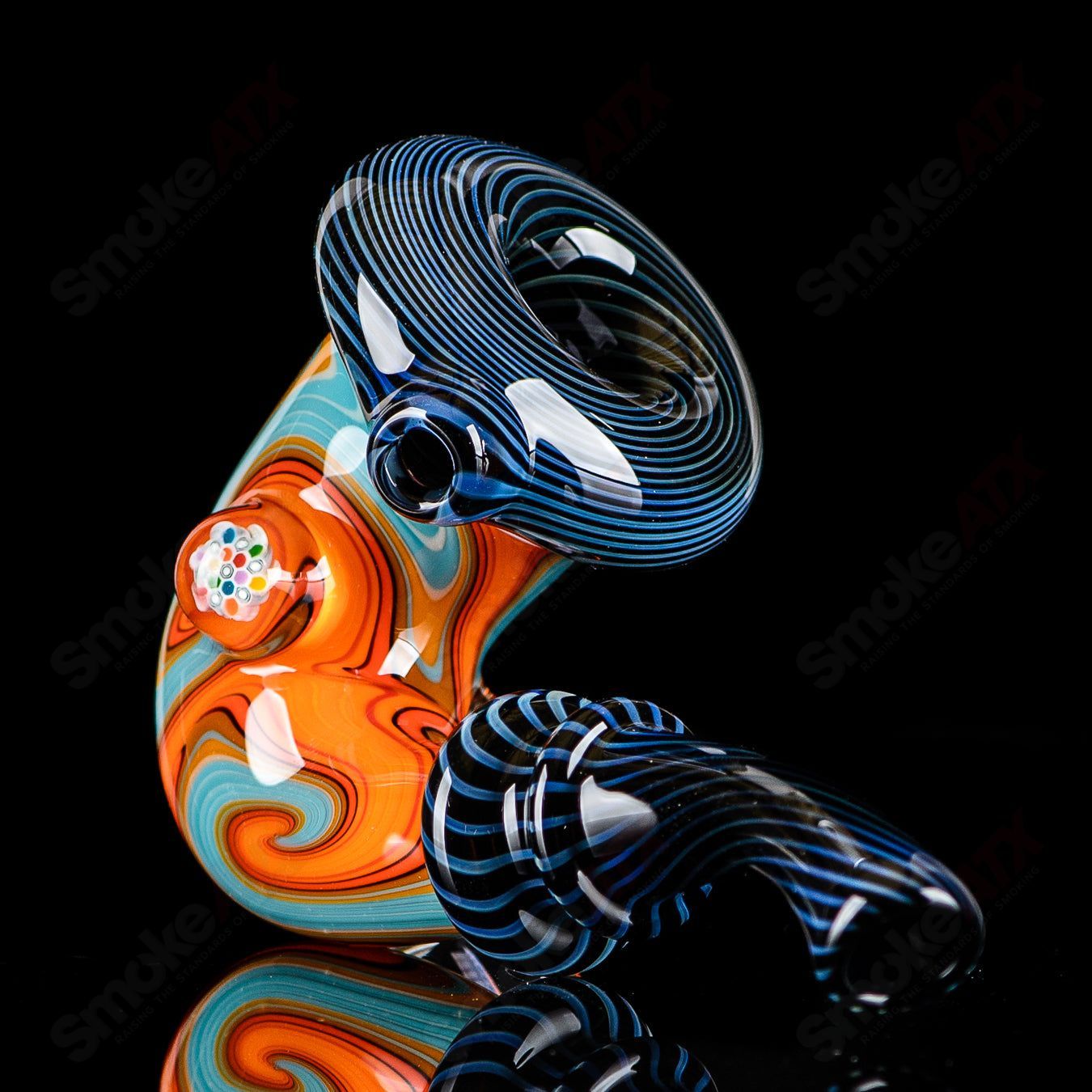 Small Wig Wag Sherlock heady glass pipe with Milli accent by JMass, featuring intricate design and vibrant colors.