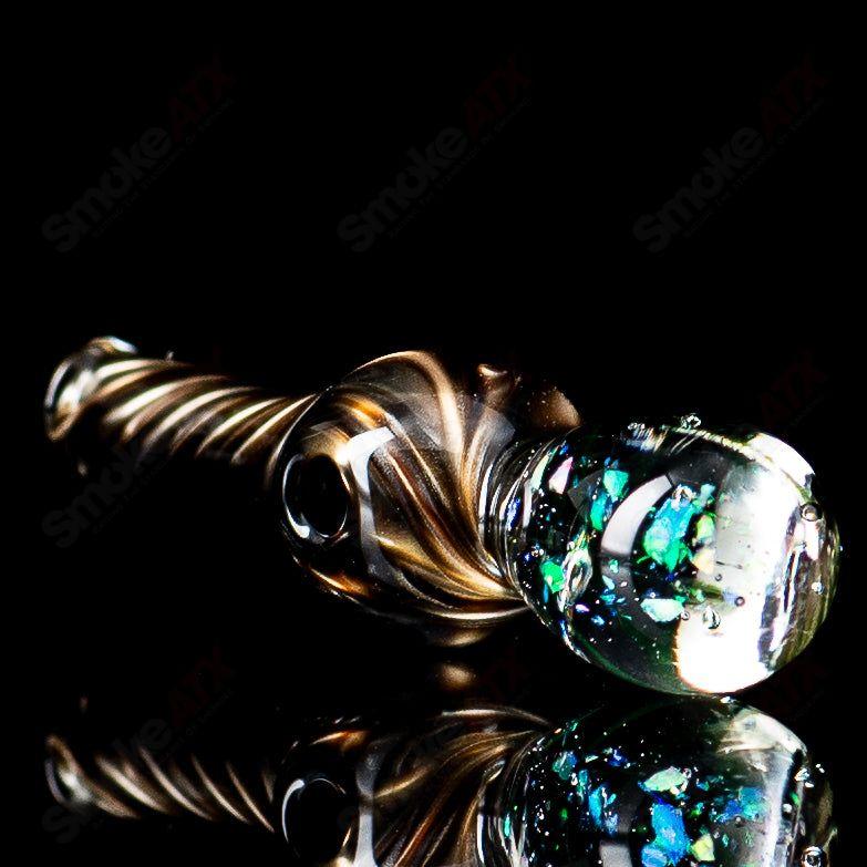 Colorful UV Puffco Joystick Heady Glass by Geoff Made, featuring intricate Indo design on Puffco top for dabbing accessories.