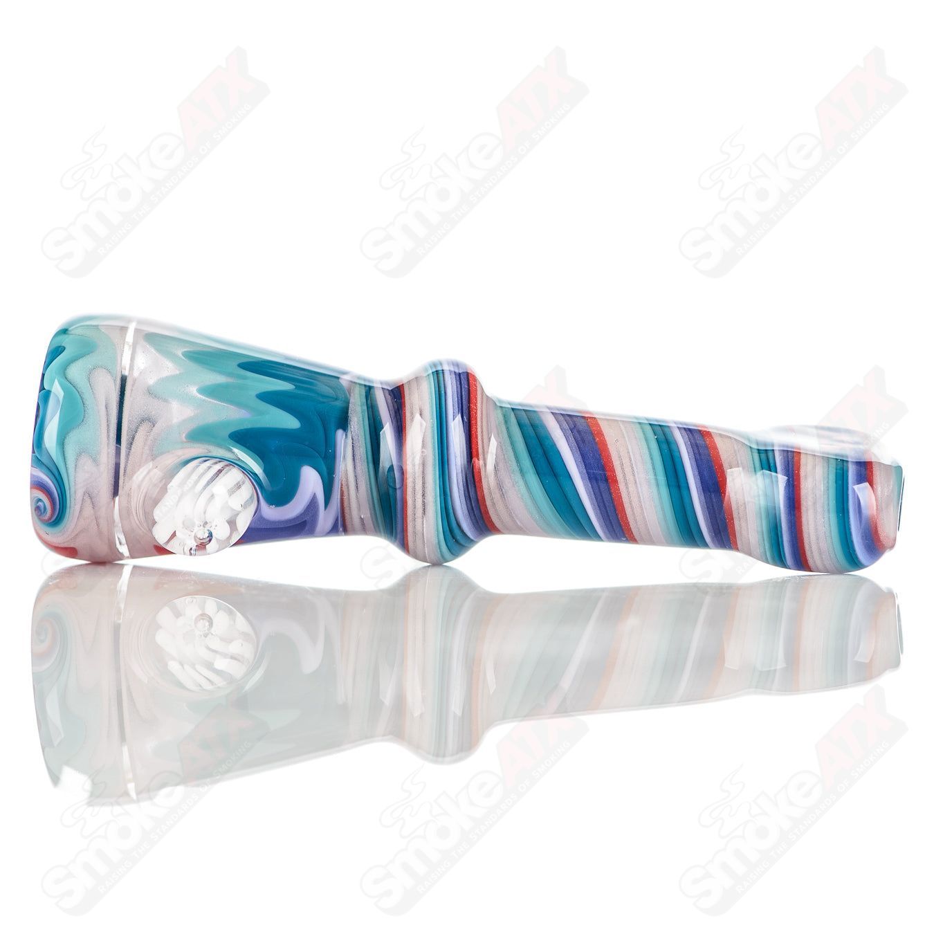 Katy Wright Glass Wig Wag Chillum, handcrafted heady glass pipe with colorful wig wag pattern for smoking or display.