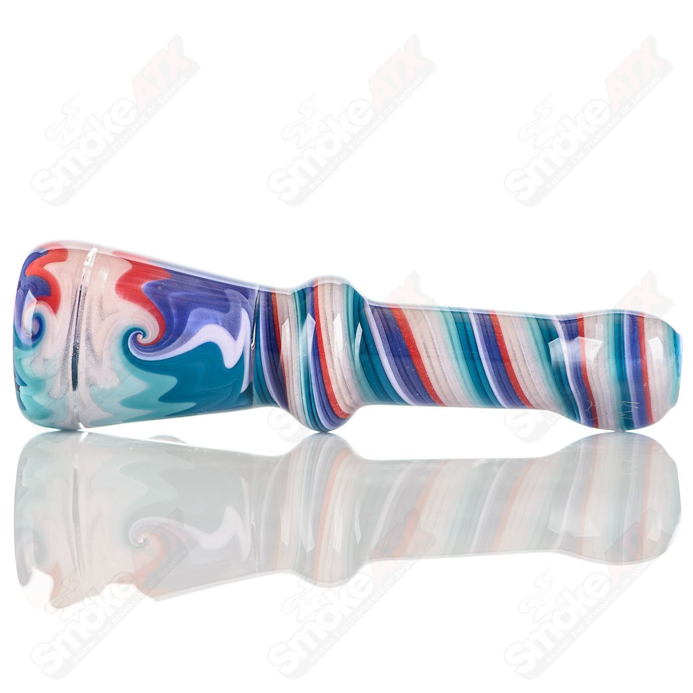 Two Katy Wright Glass Wig Wag Chillums, colorful heady glass smoking pipes with intricate designs and vibrant patterns.