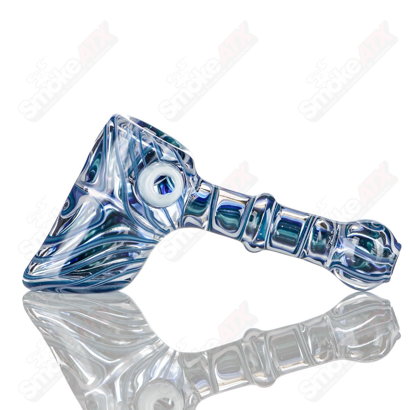 Katy Wright Glass Wig Wag Hammer Dry Pipe, handcrafted heady glass hand pipe with colorful wig wag design.