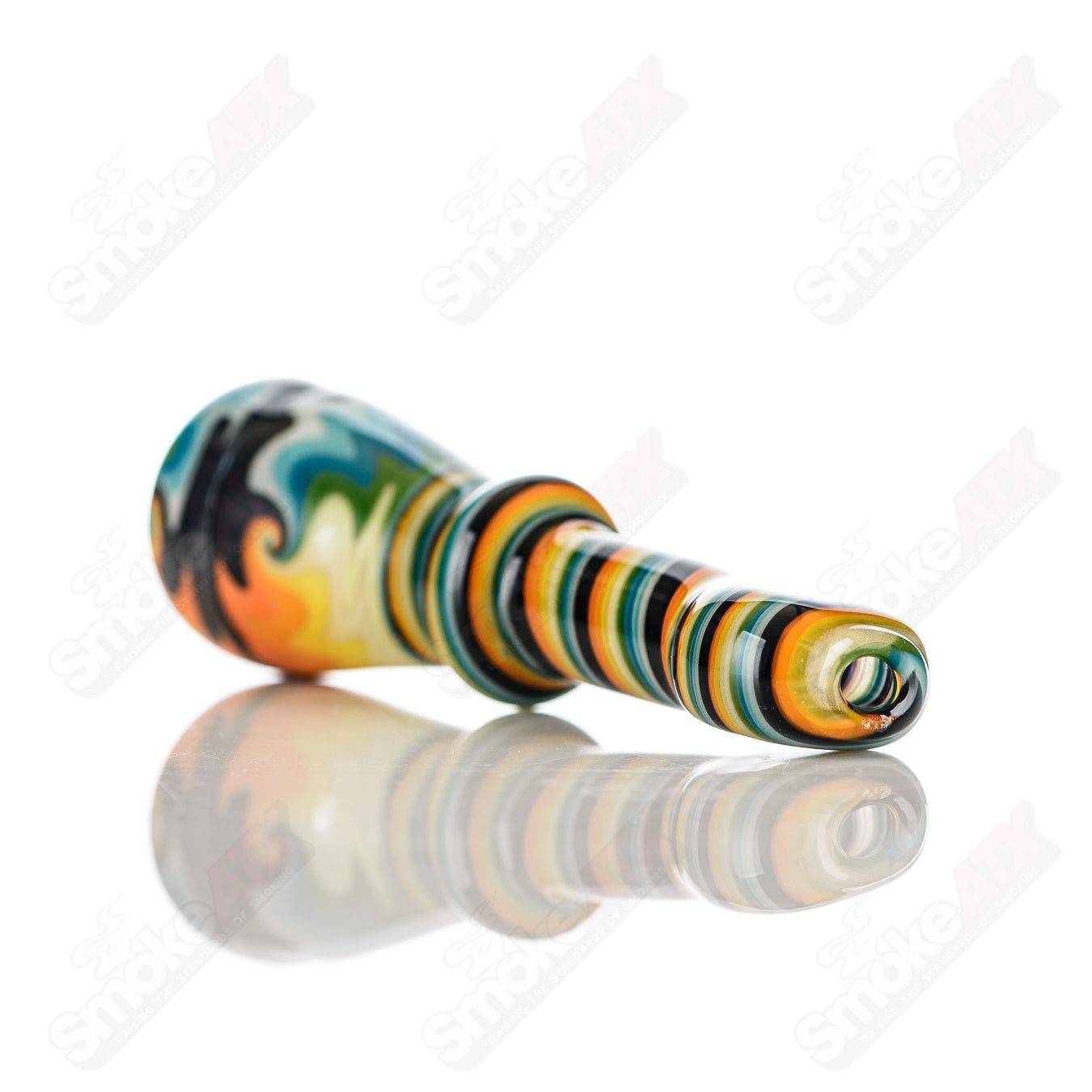 Katy Wright Glass Wig Wag Chillum, colorful heady glass pipe with intricate wig wag design and clear glass accents.