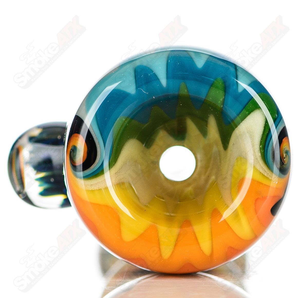 Katy Wright Glass Wig Wag Chillum, hand-blown heady glass pipe with colorful wig wag pattern, designed for smooth smoking.