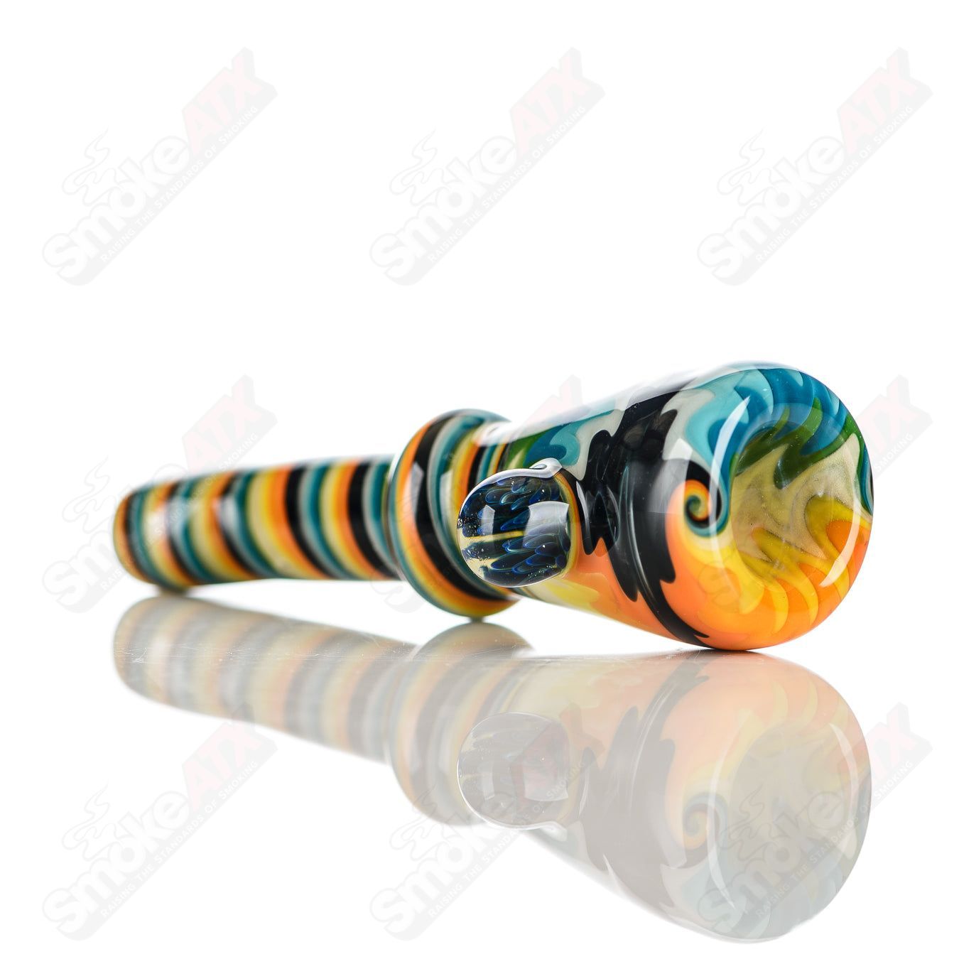 Katy Wright Glass Wig Wag Chillum, heady glass smoking pipe with colorful wig wag design and smooth glass finish.
