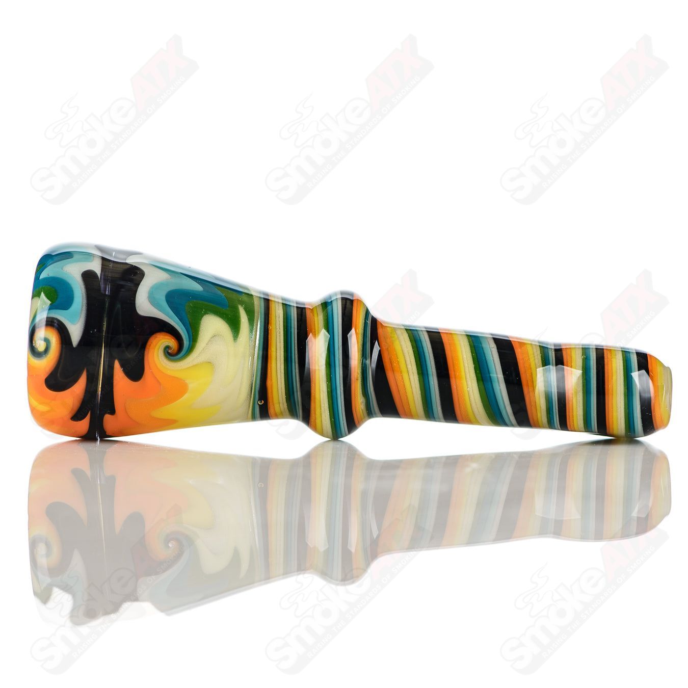 Katy Wright Glass Wig Wag Chillum, colorful heady glass pipe with intricate wig wag design, for smoking or display.