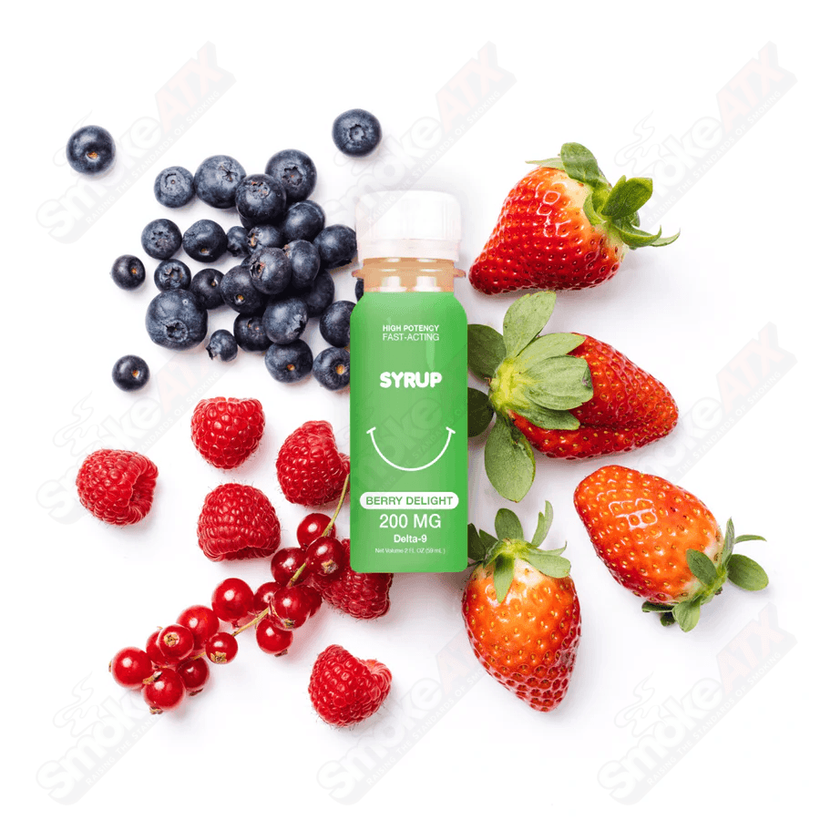 200mg Berry Delight hemp syrup by Qwin in a 2 fl oz bottle, featuring vibrant berry flavor and THC-infused hemp drink.