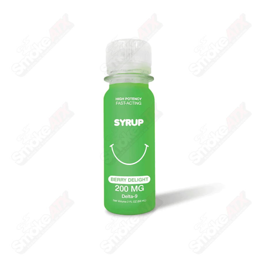 200mg Berry Delight Hemp D9 syrup by Qwin in a 2 fl oz bottle, featuring vibrant berry flavor and THC-infused drink.