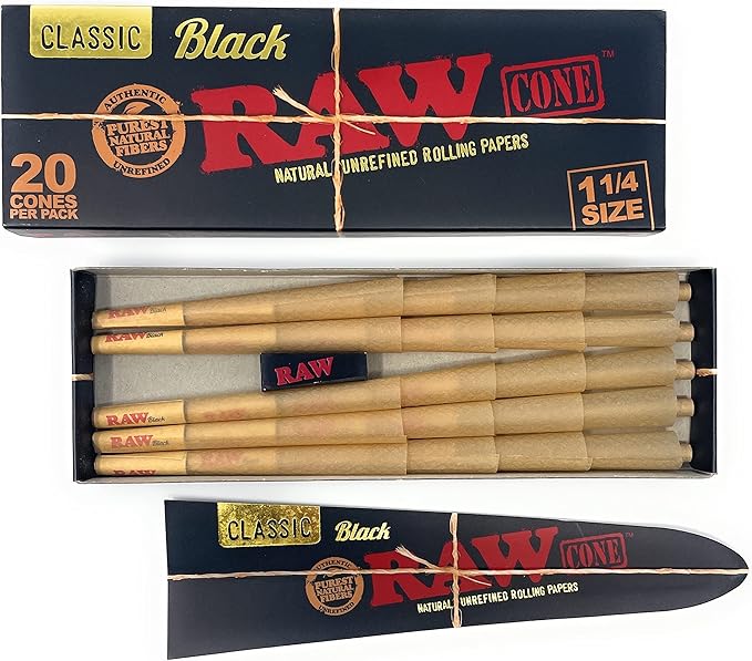 Pack of 20 RAW Black Cones 1 1/4 size, pre-rolled smoking cones for cannabis and herbal use, featuring a classic black design.