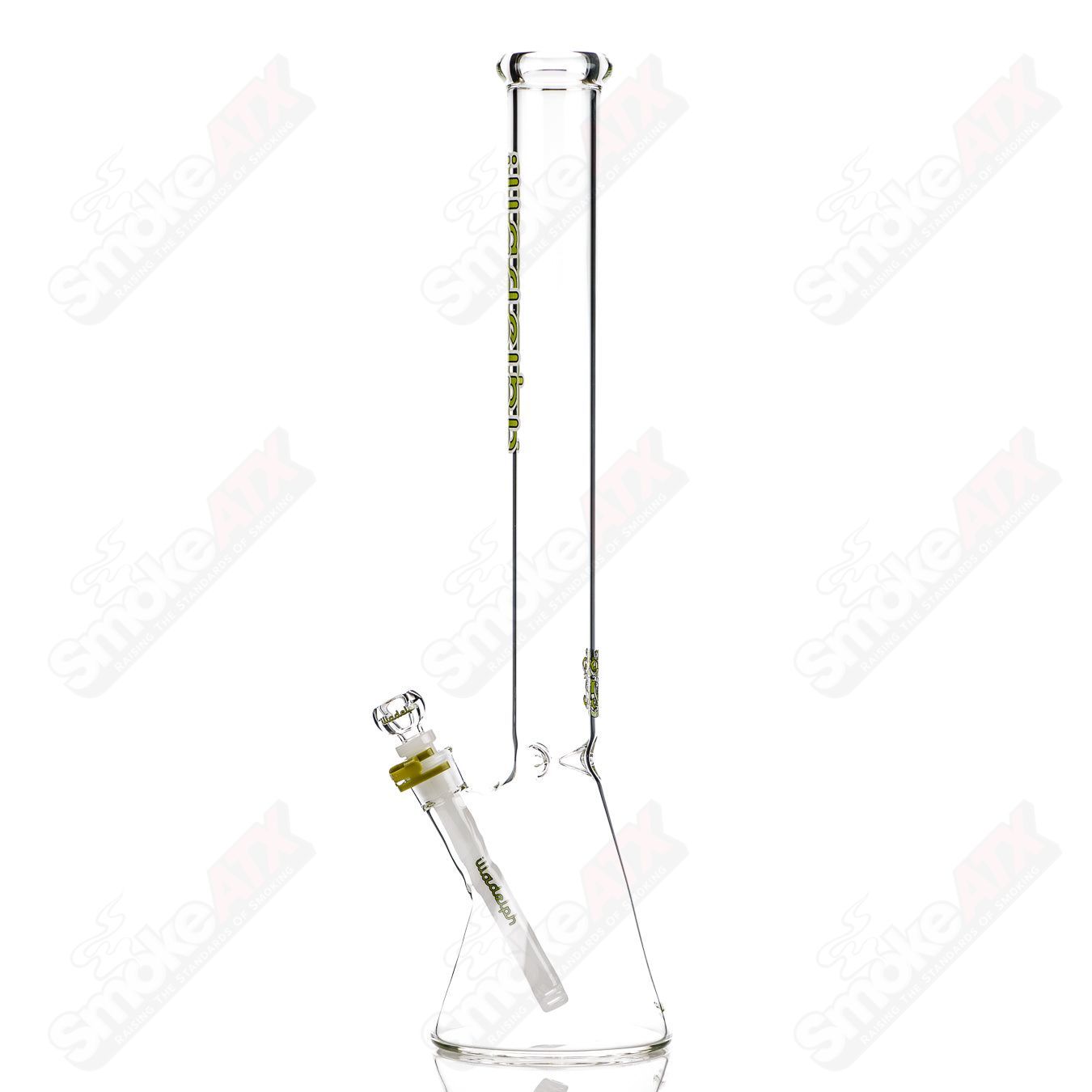 Lime green 21-inch tall Illadelph beaker made of glass, featuring a 5mm thickness design for smoking or dab rig use.
