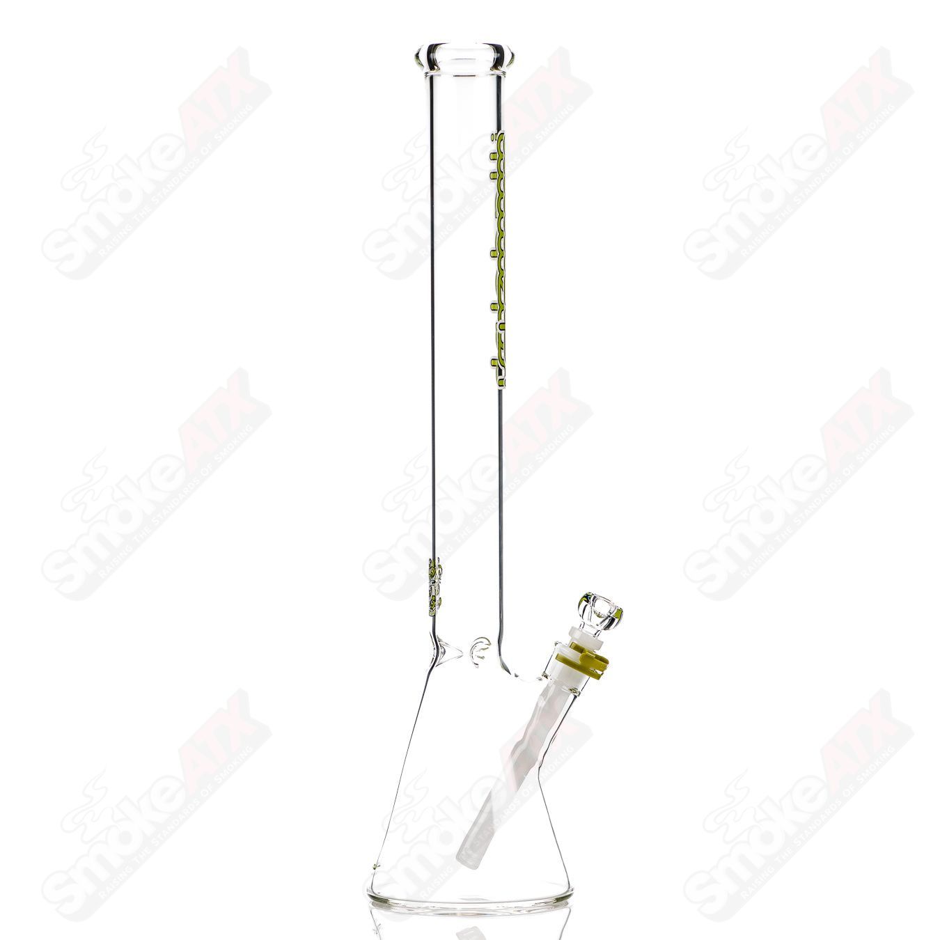 Lime green 21-inch tall Illadelph glass beaker with 5mm thickness, clear glass base and cylindrical shape.