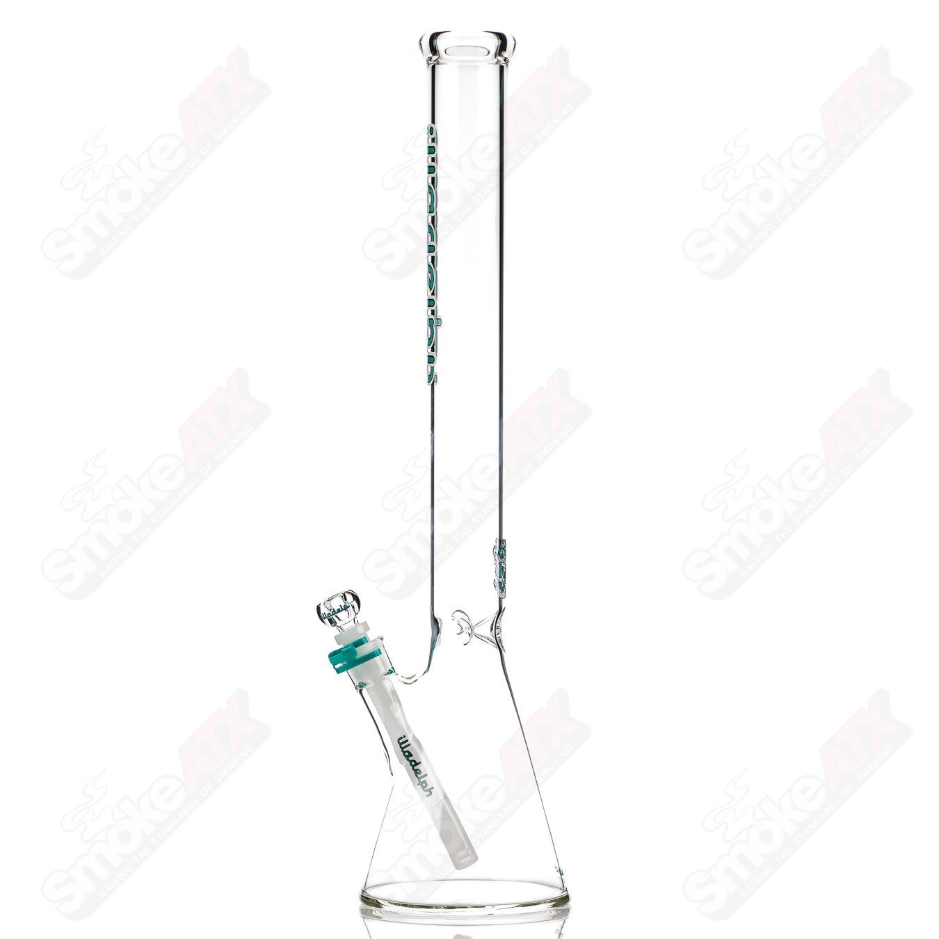 Illadelph 21-inch tall glass beaker with 5mm teal-colored glass, featuring a classic beaker shape and sturdy base.