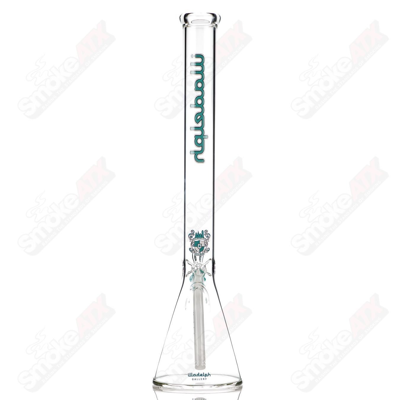 Illadelph 21-inch tall teal glass beaker with 5mm thickness, designed for smoking or scientific use.