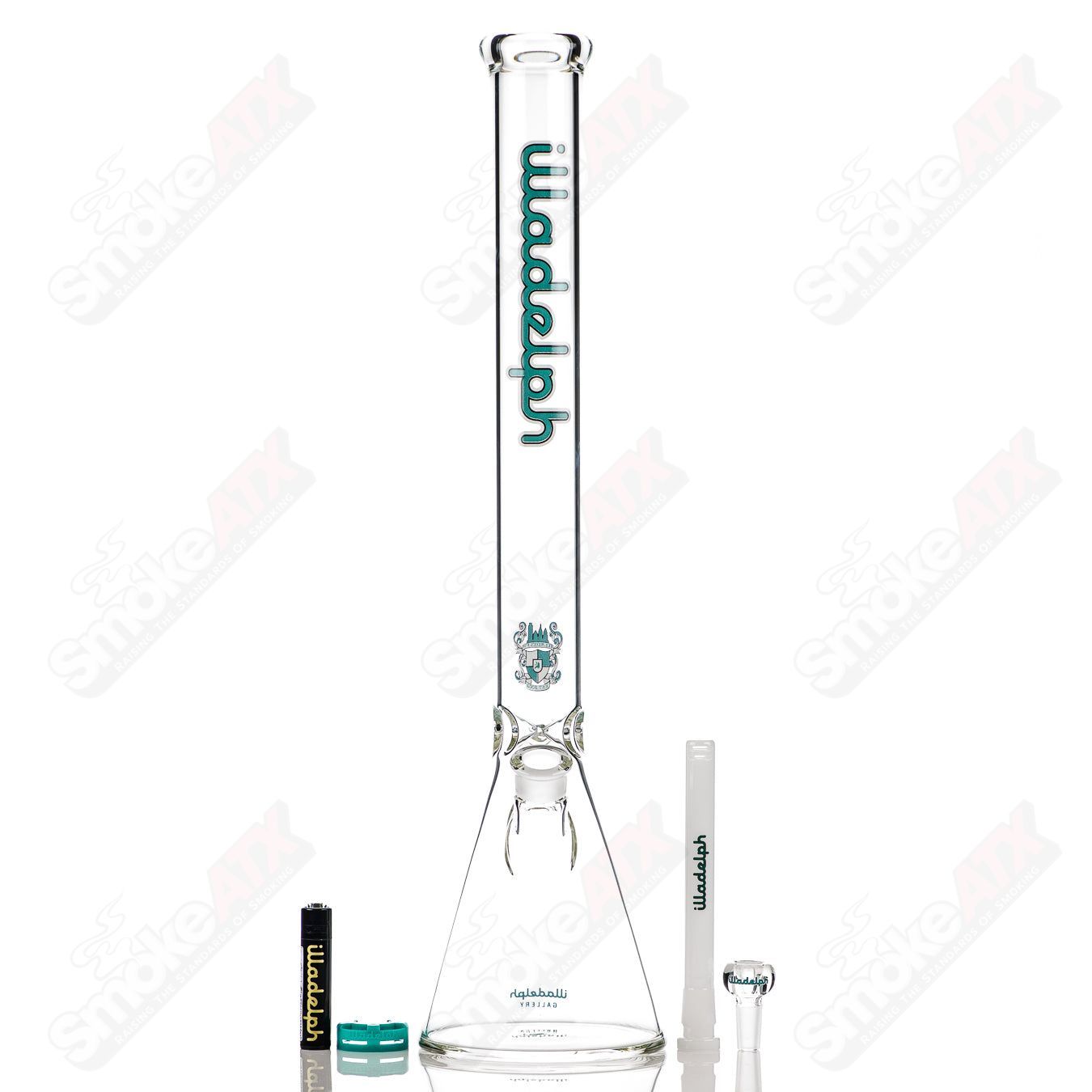 Illadelph 21-inch tall teal glass beaker with 5mm thickness, showcasing its clear design and sturdy construction.