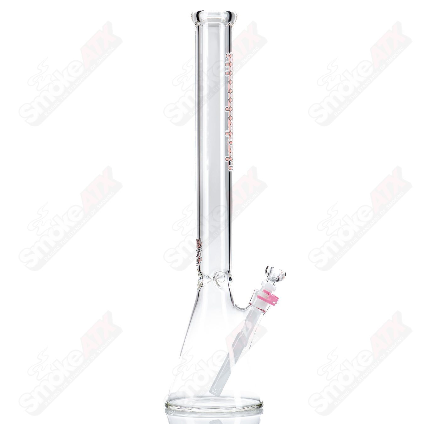 Pink 21-inch tall glass beaker by Illadelph, featuring a clear cylindrical design and sturdy base for laboratory or artistic use.