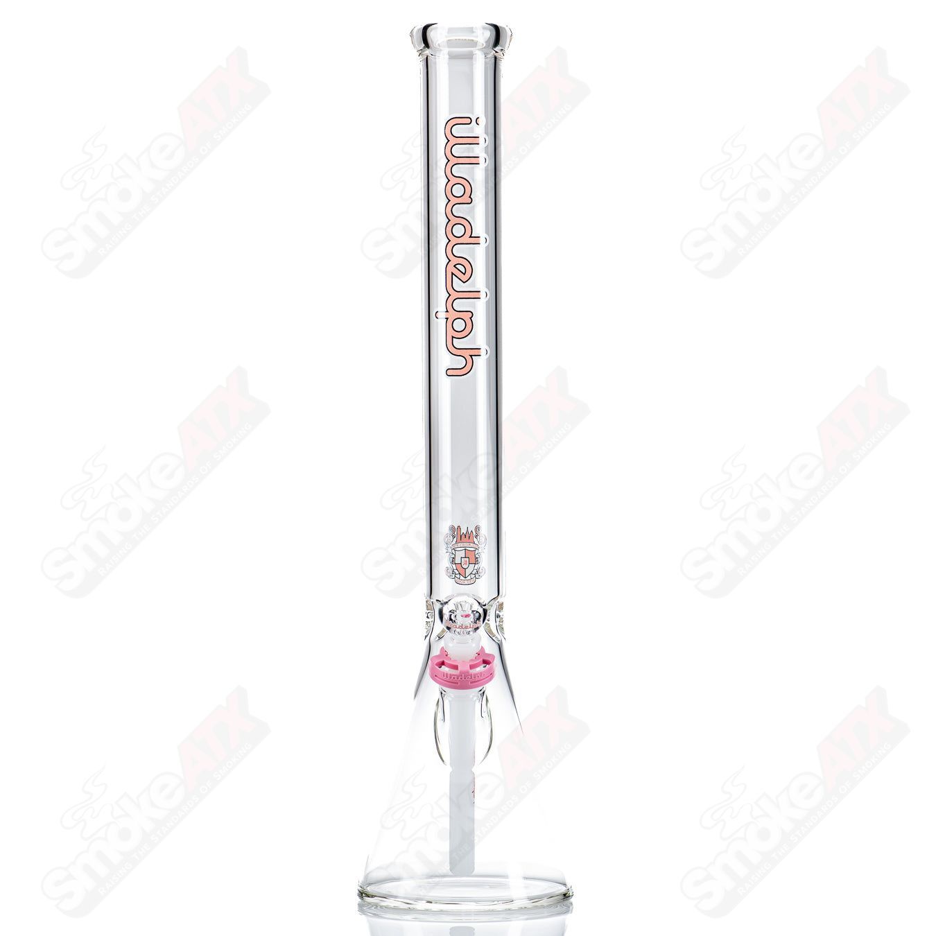 Pink 21-inch tall glass beaker by Illadelph with a clear lab-style design, featuring a wide mouth and sturdy base.