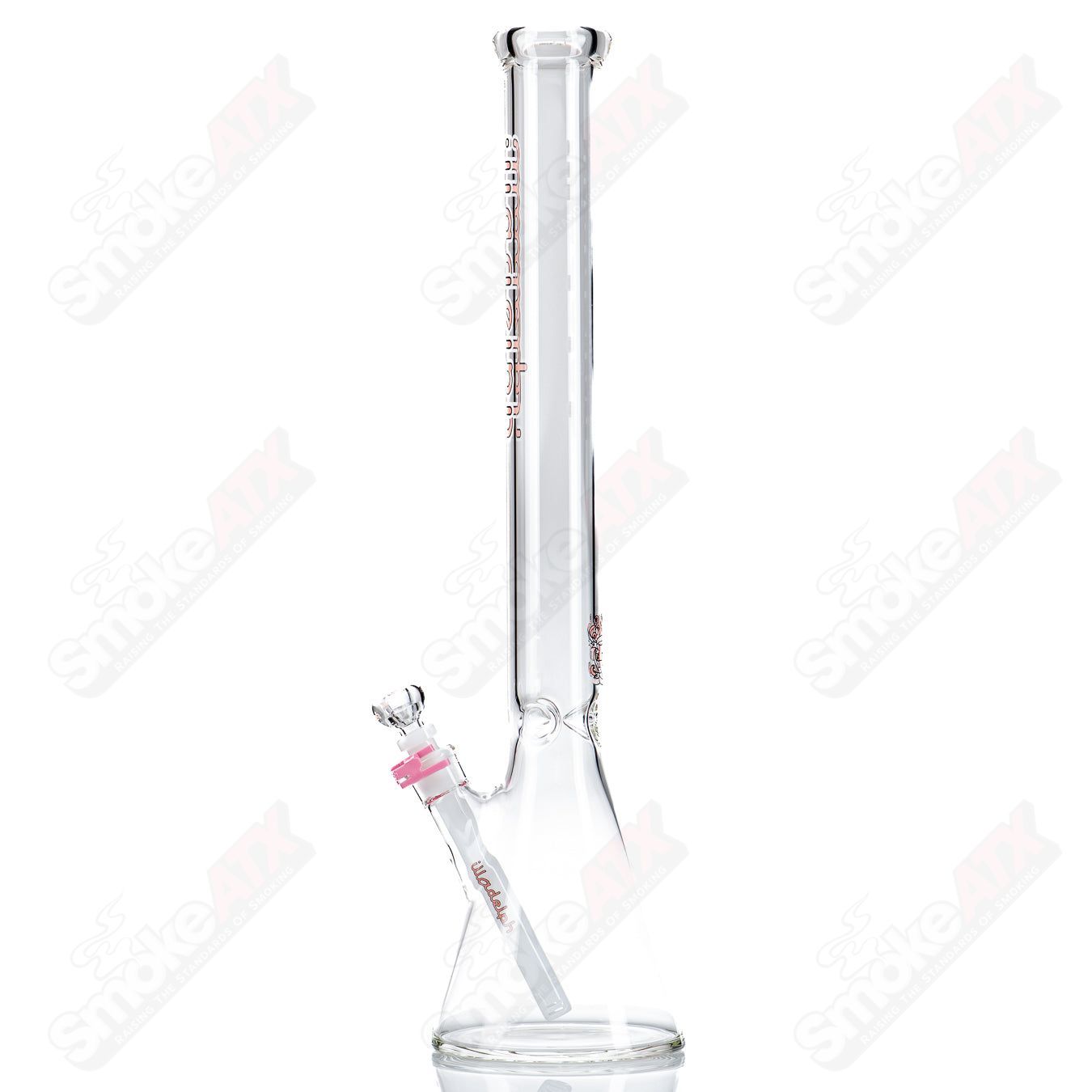 Pink 21-inch tall Illadelph glass beaker with clear glass accents, showcasing its sturdy design and smooth finish.