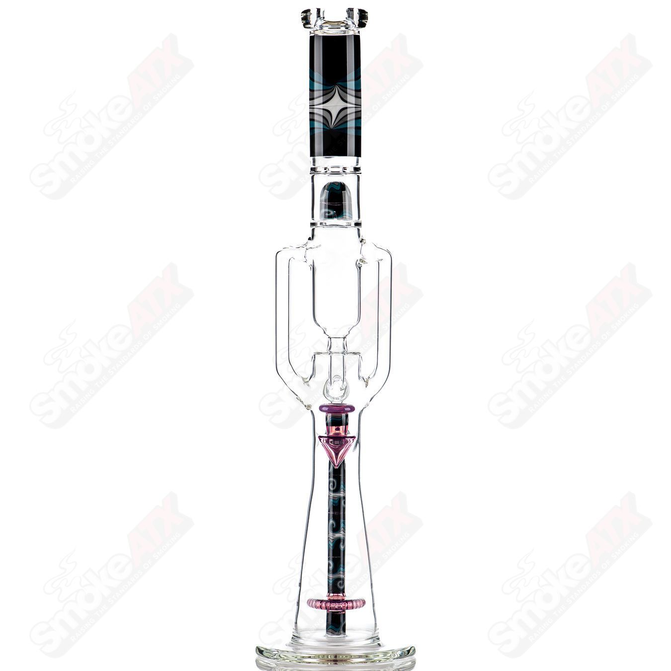 21-inch Zyklon Recycler by Mad Rob Glass, colorful heady glass recycler with intricate design and clear glass accents.