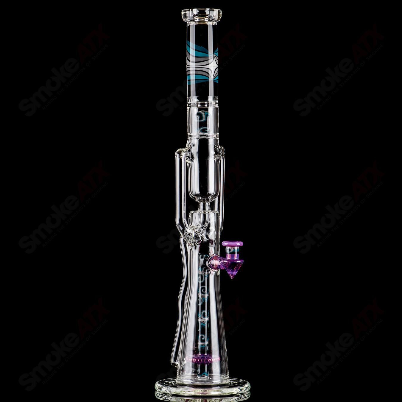 21-inch Zyklon Recycler by Mad Rob Glass, a colorful heady glass piece with intricate recycler design and vibrant details.