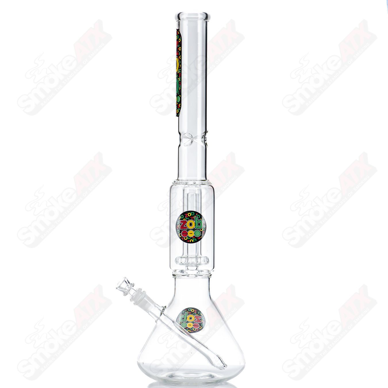 22-inch Zob glass waterpipe with beaker base and single UFO design in Rasta colors, featuring vibrant glass artwork.