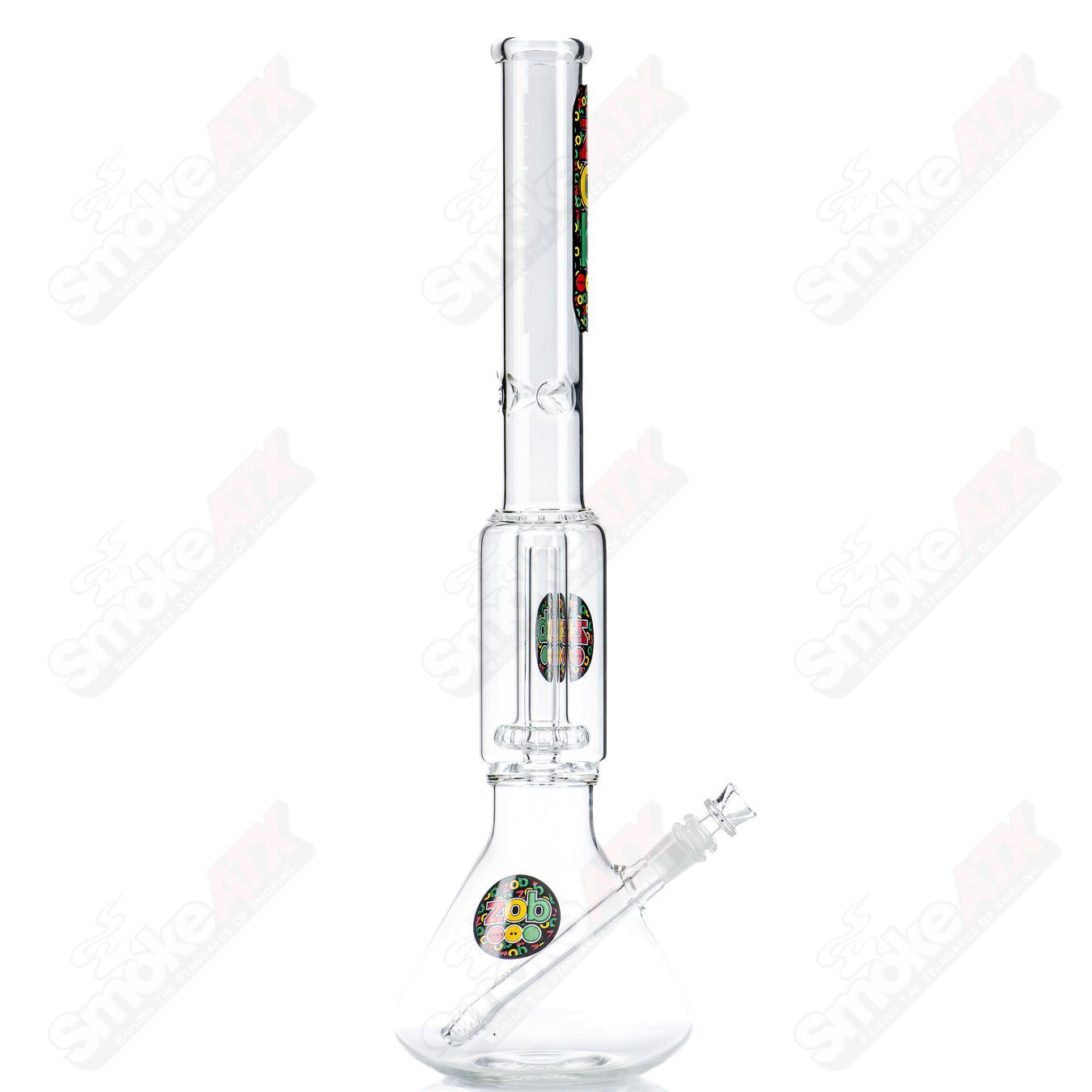 22-inch glass waterpipe beaker with single UFO design in Rasta colors by Zob, featuring vibrant glasswork and sturdy base.