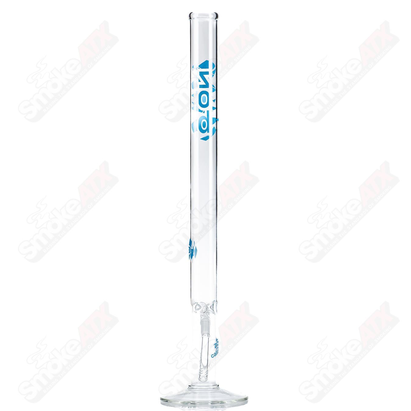 Blue and white 24-inch Zob Straight Shot glass waterpipe with clear glass base and sleek design.