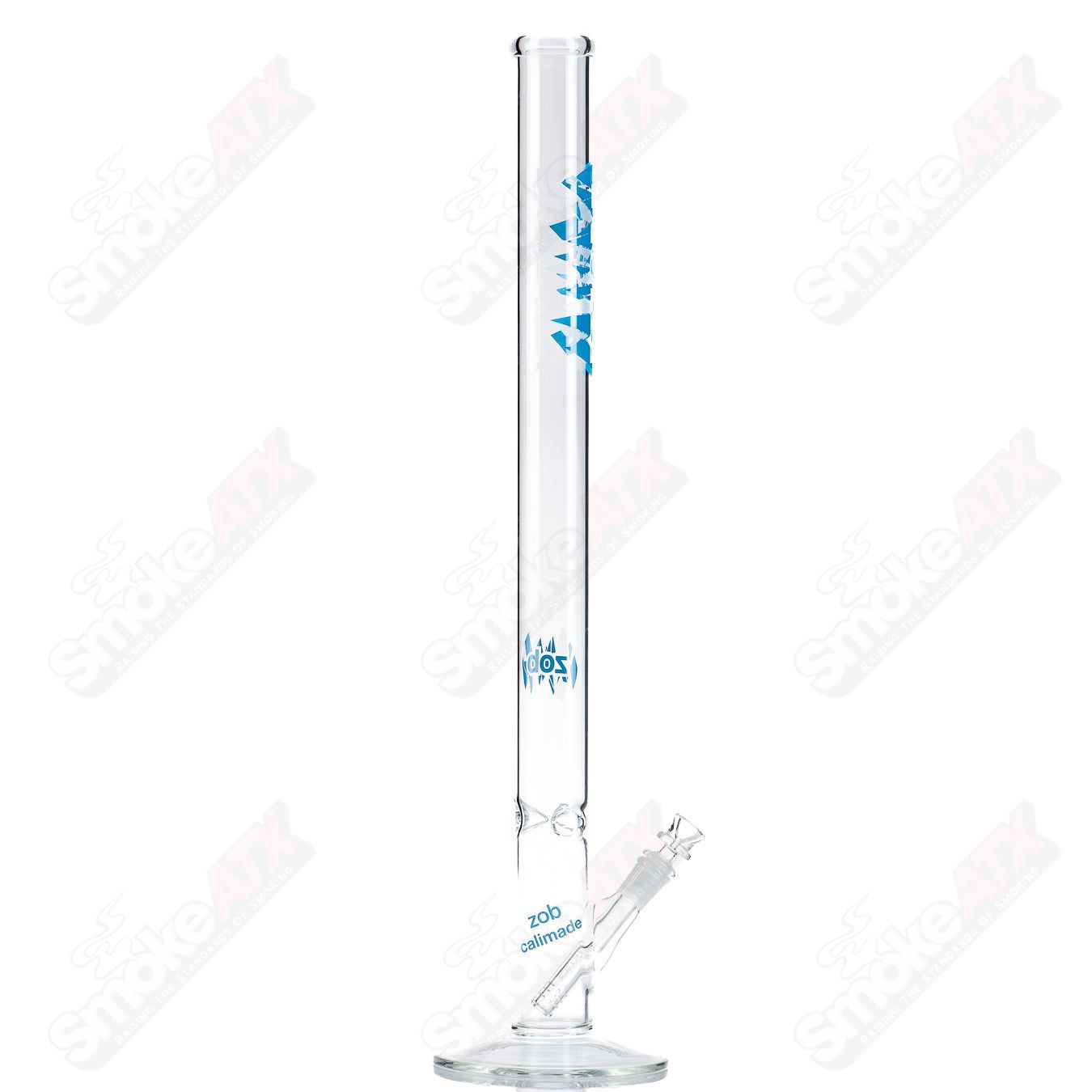 Blue and white 24-inch Zob Straight Shot glass waterpipe with clear glass accents for smooth water filtration.