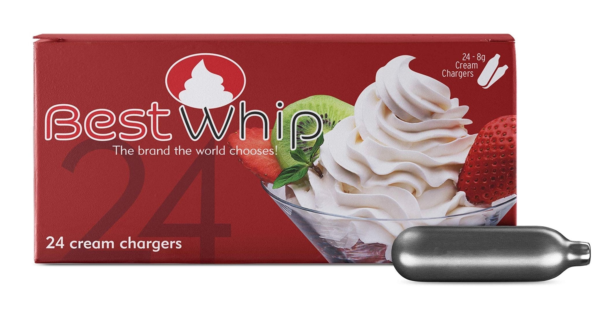 24-pack of Best Whip cream chargers used for whipping cream in kitchen appliances, shown in a clear image.