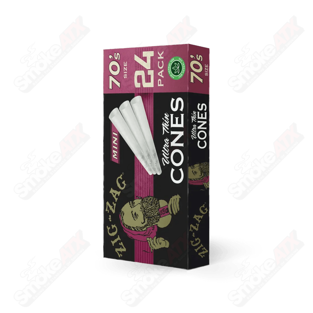 24-pack of Zig Zag mini ultra-thin rolling cones for smooth, even smoke sessions, featuring zigzag patterned tips for easy use.