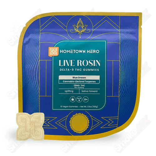 Blue Dream hemp D9 gummies by Hometown Hero, 250mg THC edibles with vibrant blue packaging and gummy shapes.