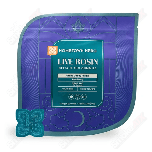 Blueberry GDP Delta-9 live rosin gummies by Hometown Hero, hemp edibles with 250mg cannabis extract in a colorful package.