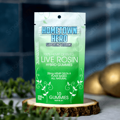 Hometown Hero 250mg hybrid Delta-9 live rosin gummies, THC hemp edibles with colorful gummy shapes and branding details.