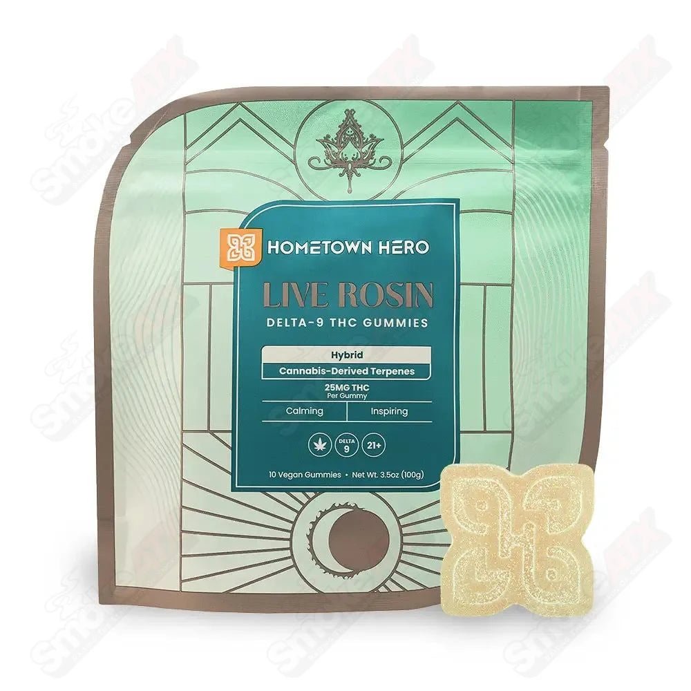 Hometown Hero 250mg hybrid Delta-9 live rosin gummies, hemp THC edibles with colorful gummy candies on a white background.