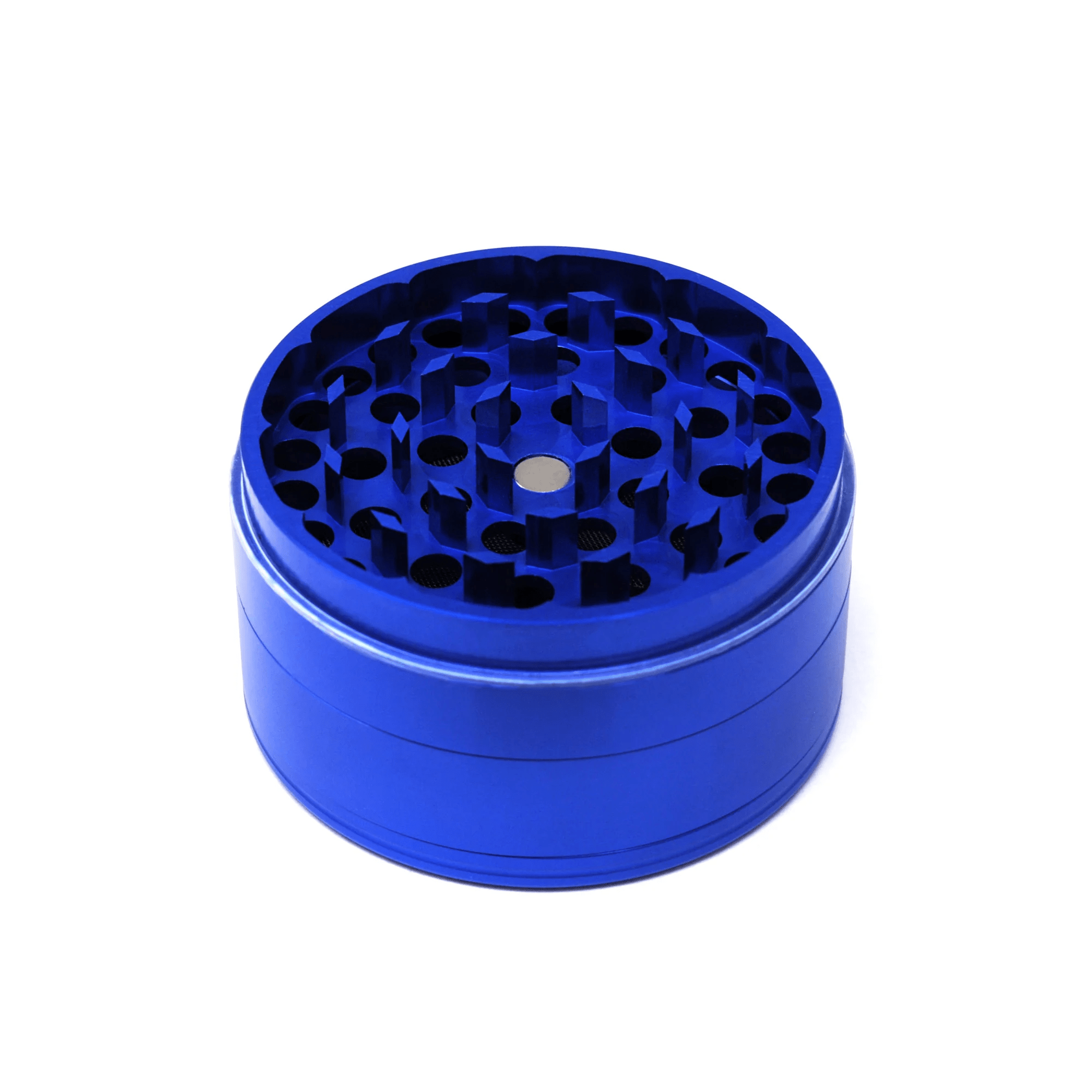 Blue 2.5-inch Cali Crusher 4-piece metal grinder with hardtop, designed for grinding herbs and spices efficiently.