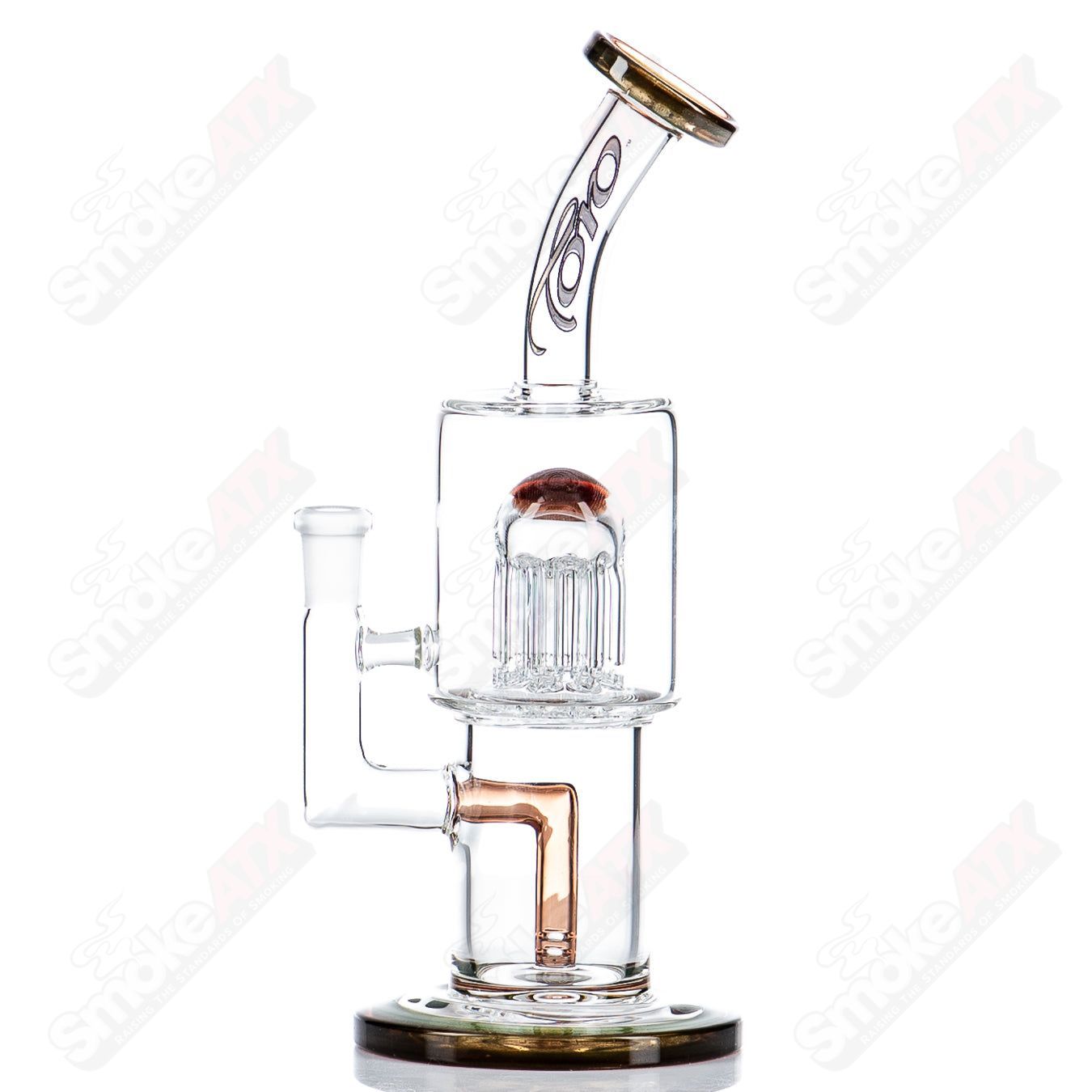 Toro Glass 10mm double macro concentrate rig with colorful caps, clear glass design, and intricate details for dabbing enjoyment.