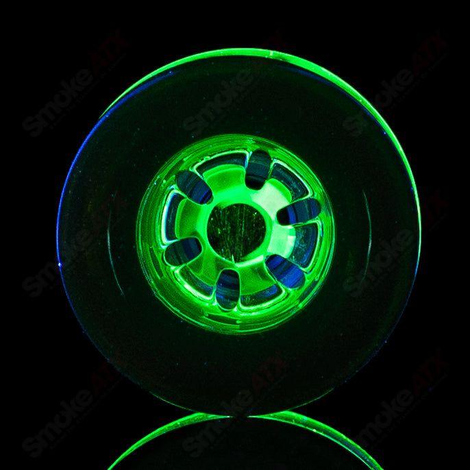 Mobius UV color elements 14mm multi-hole bowl for heady glass pipes, featuring vibrant colors and intricate design details.