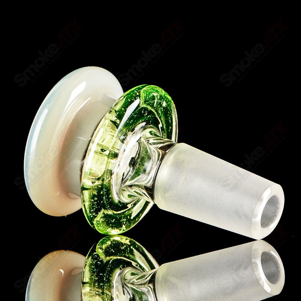 Mobius Heady Glass 14mm UV Color Elements Multi Hole Bowl with vibrant UV reactive design and multiple drainage holes.