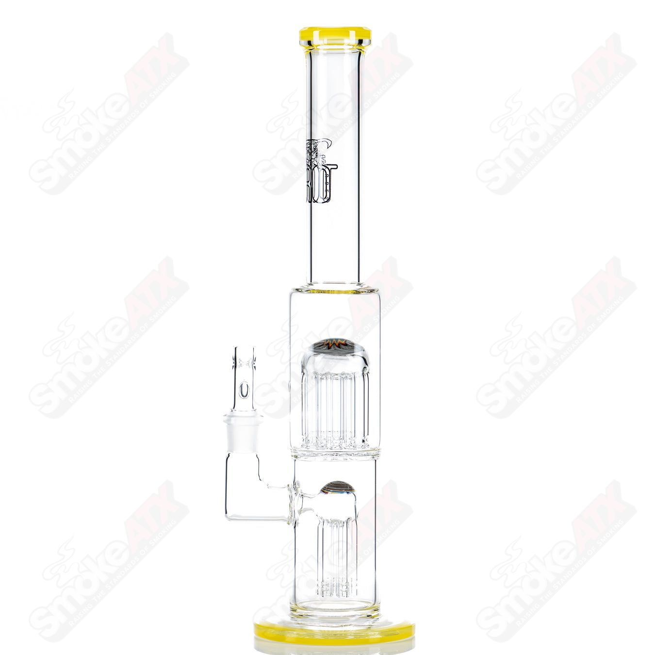 Toro Glass 18mm 7/13 Arm Perc straight tube with reversal caps, clear glass design for smooth smoking experience.
