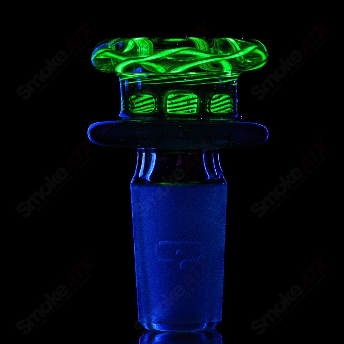 Mobius 19mm UV color elements multi-hole bowl for heady glass water pipes, featuring vibrant UV-reactive glass and multiple holes.