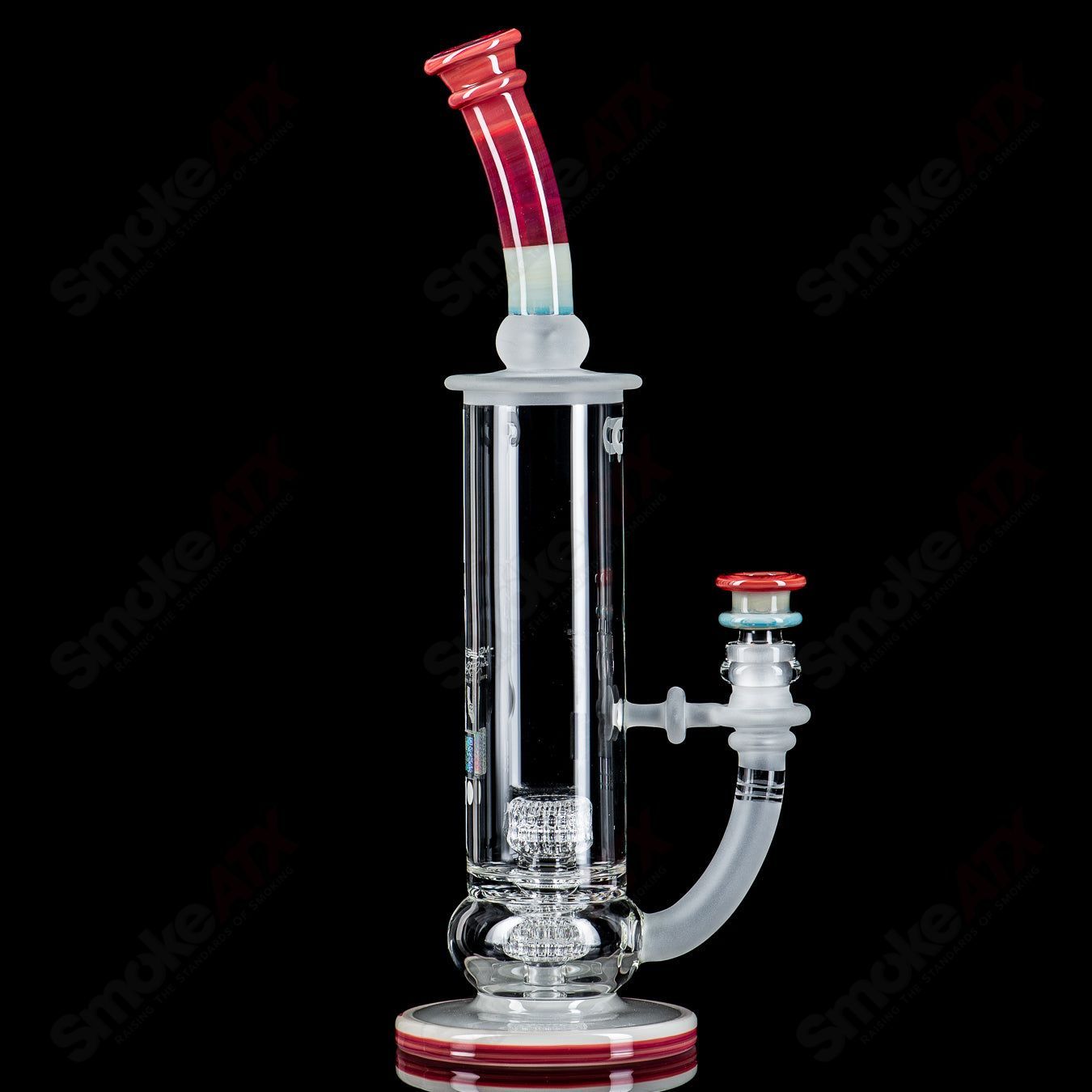 Glass waterpipe from Mobius, 3-65T V5 Hybrid Series Stereo Matrix design, featuring clear glass construction and intricate details.