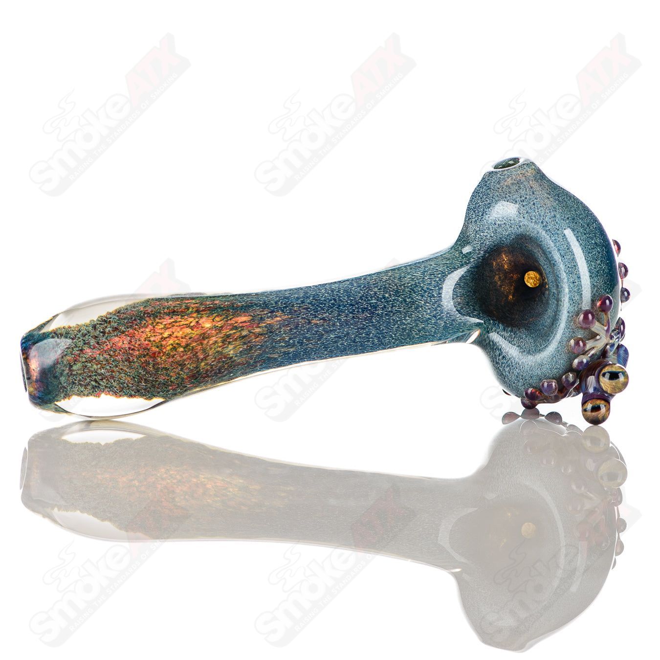 Beezy Glass Frog Spoon Pipe, clear glass with three frog-shaped accents, compact and artistic for smoking sessions.