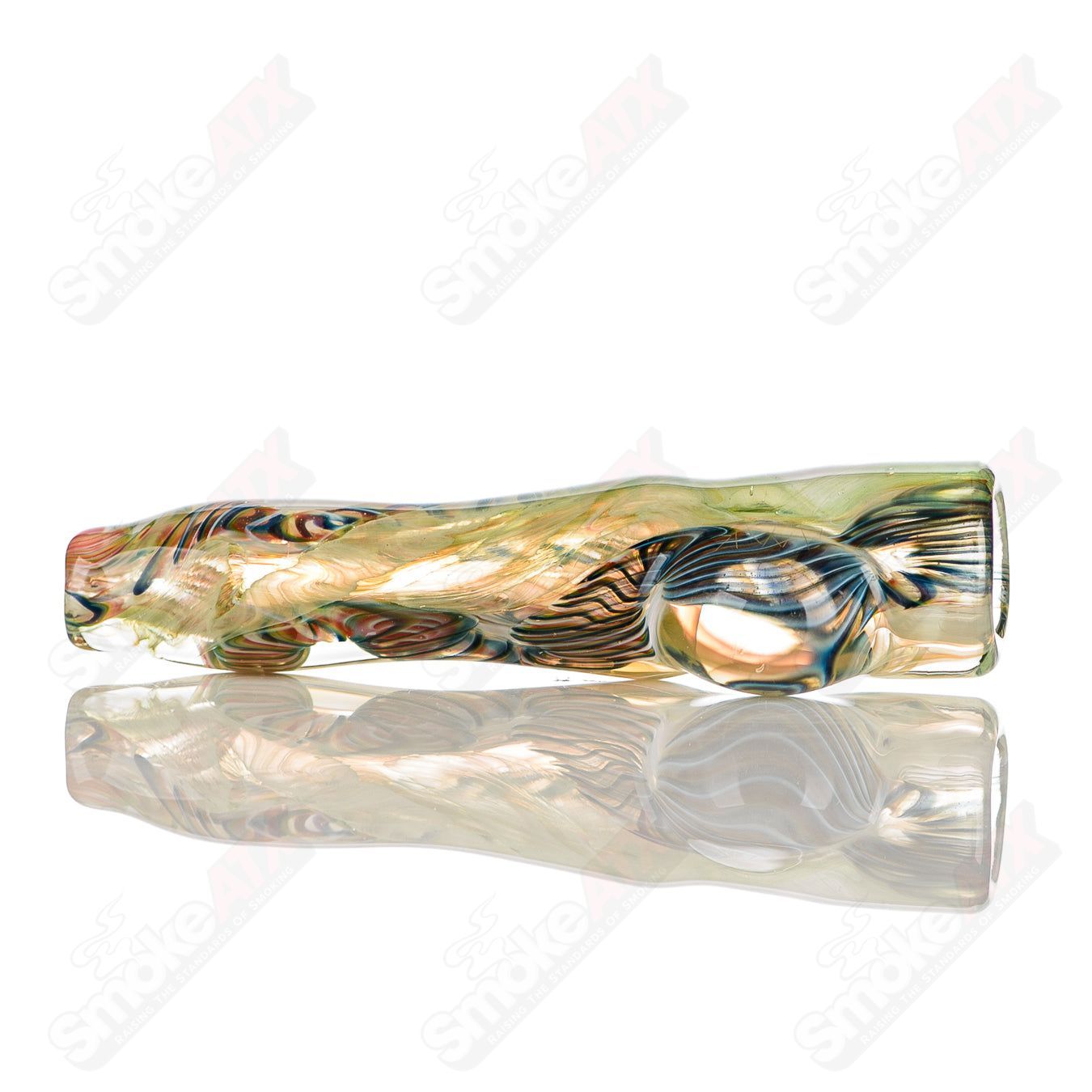 Signed JMK Glass #3 I/O Worked Chillum, clear glass smoking pipe with intricate worked design and signature details.