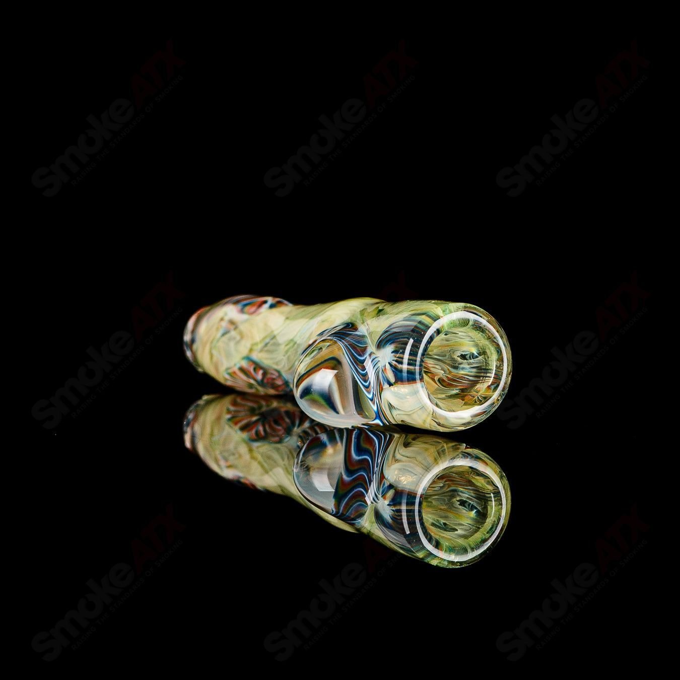 Signed JMK Glass #3 I/O Worked Chillum, transparent glass smoking pipe with detailed handiwork and signature.