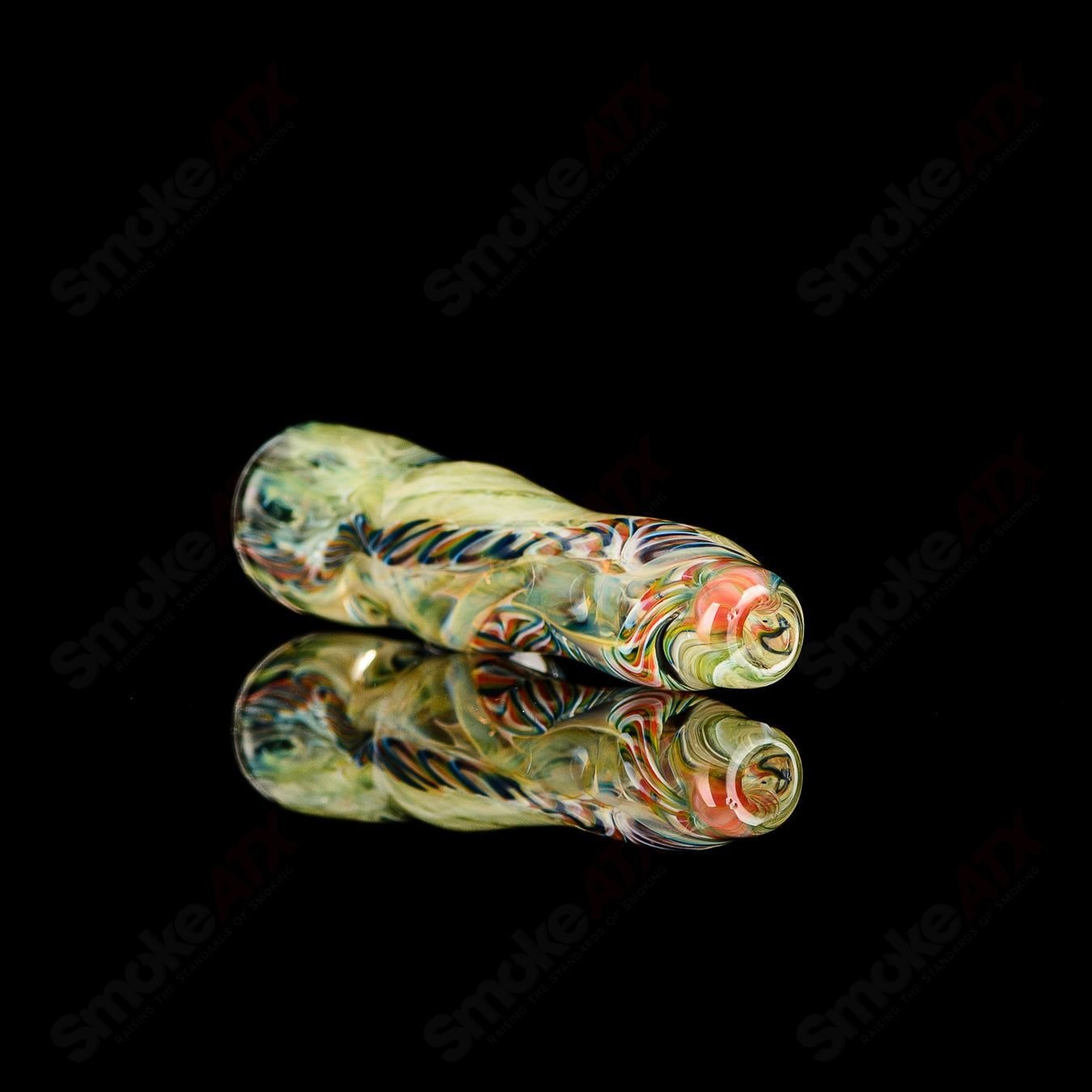 Signed JMK Glass #3 I/O Worked Chillum, clear glass with intricate worked details and signature, designed for smoking.