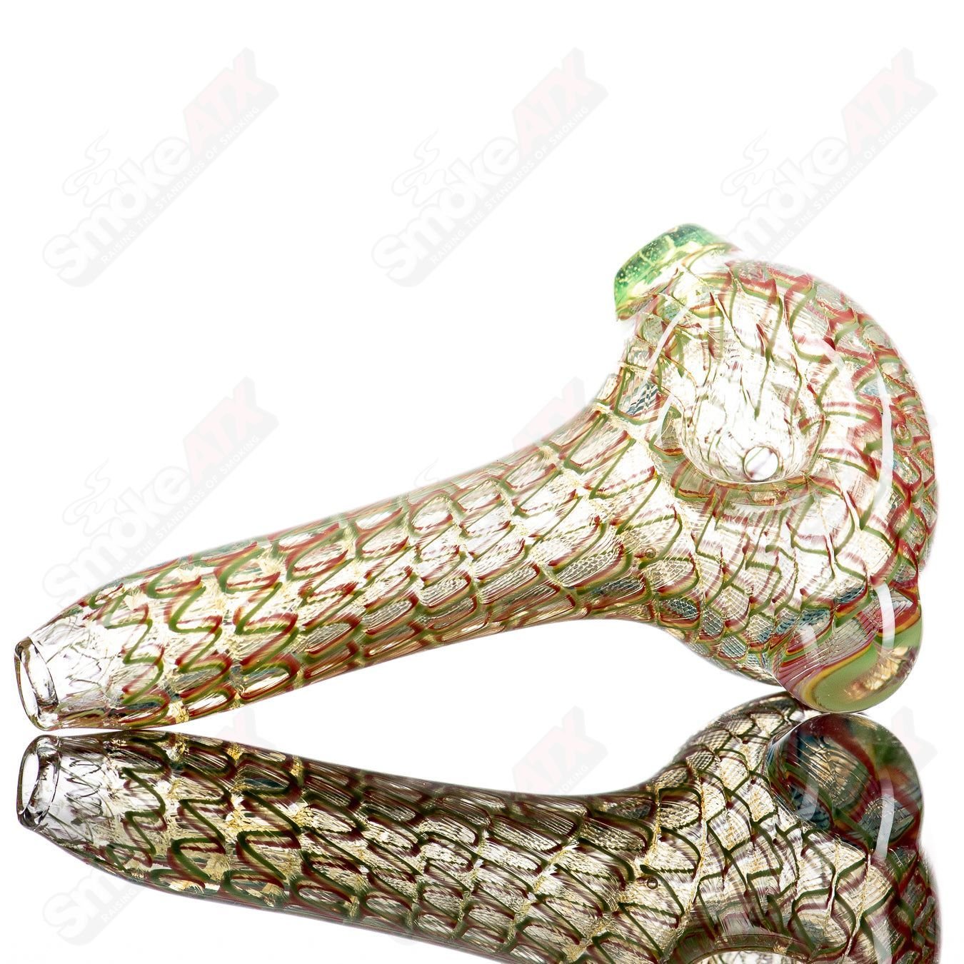 JMK Glass #3 Lattice Coil Spoon, a handcrafted glass hand pipe with intricate lattice coil design, for dry herbs or smoking.