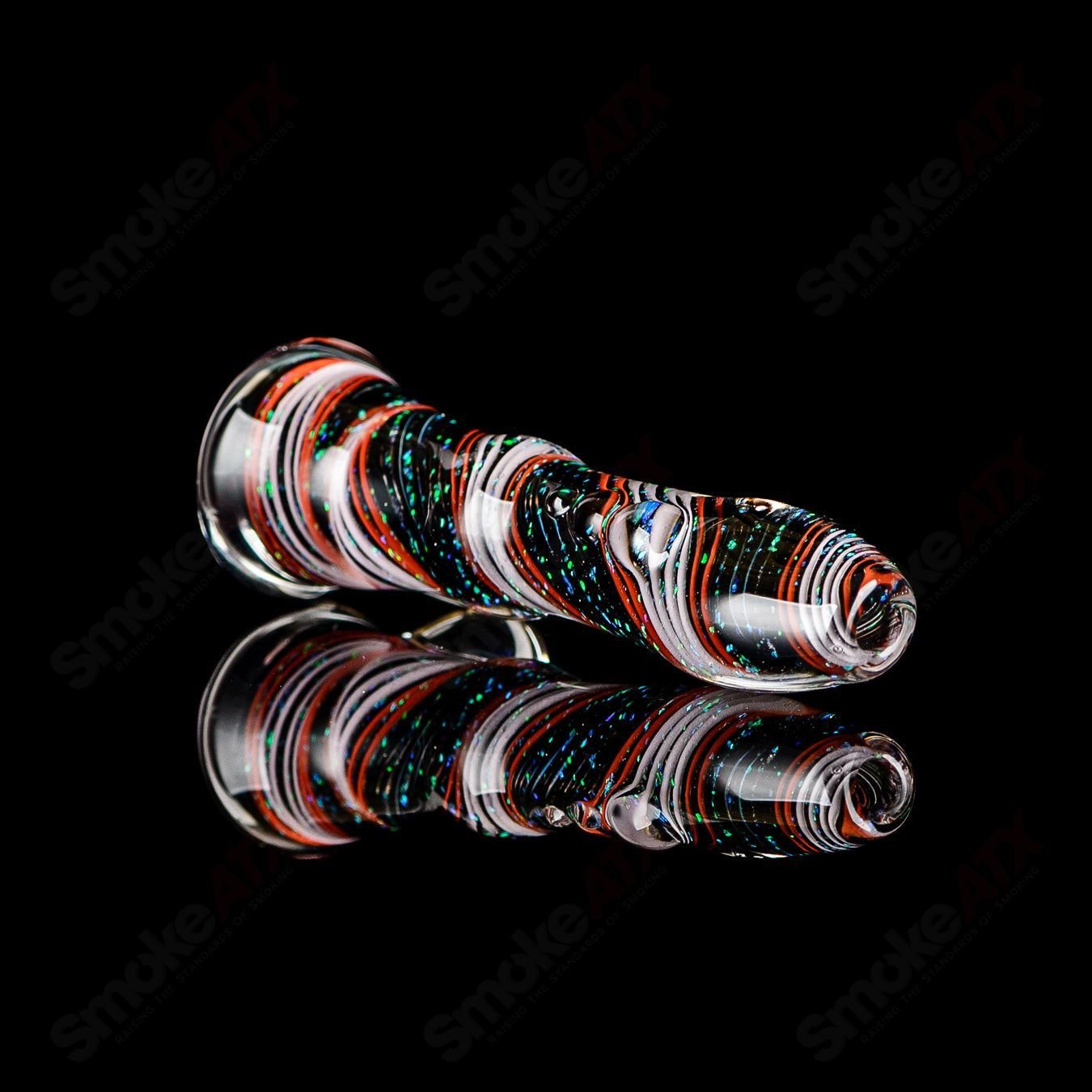 Clear glass chillum with colorful opal accents by Rotational Science, designed for smooth smoking experiences.