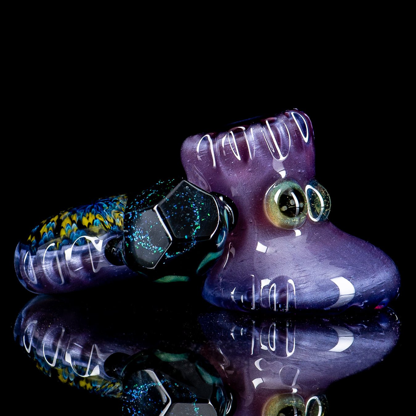 Hand pipe by Rotational Science featuring a #3 Pocket Heady Dottacello design in colorful glass with intricate patterns.