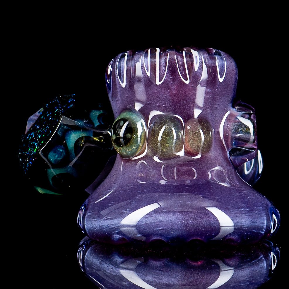 Three-pocket Heady Dottacello hand pipe by Rotational Science, featuring colorful glass design and intricate craftsmanship.