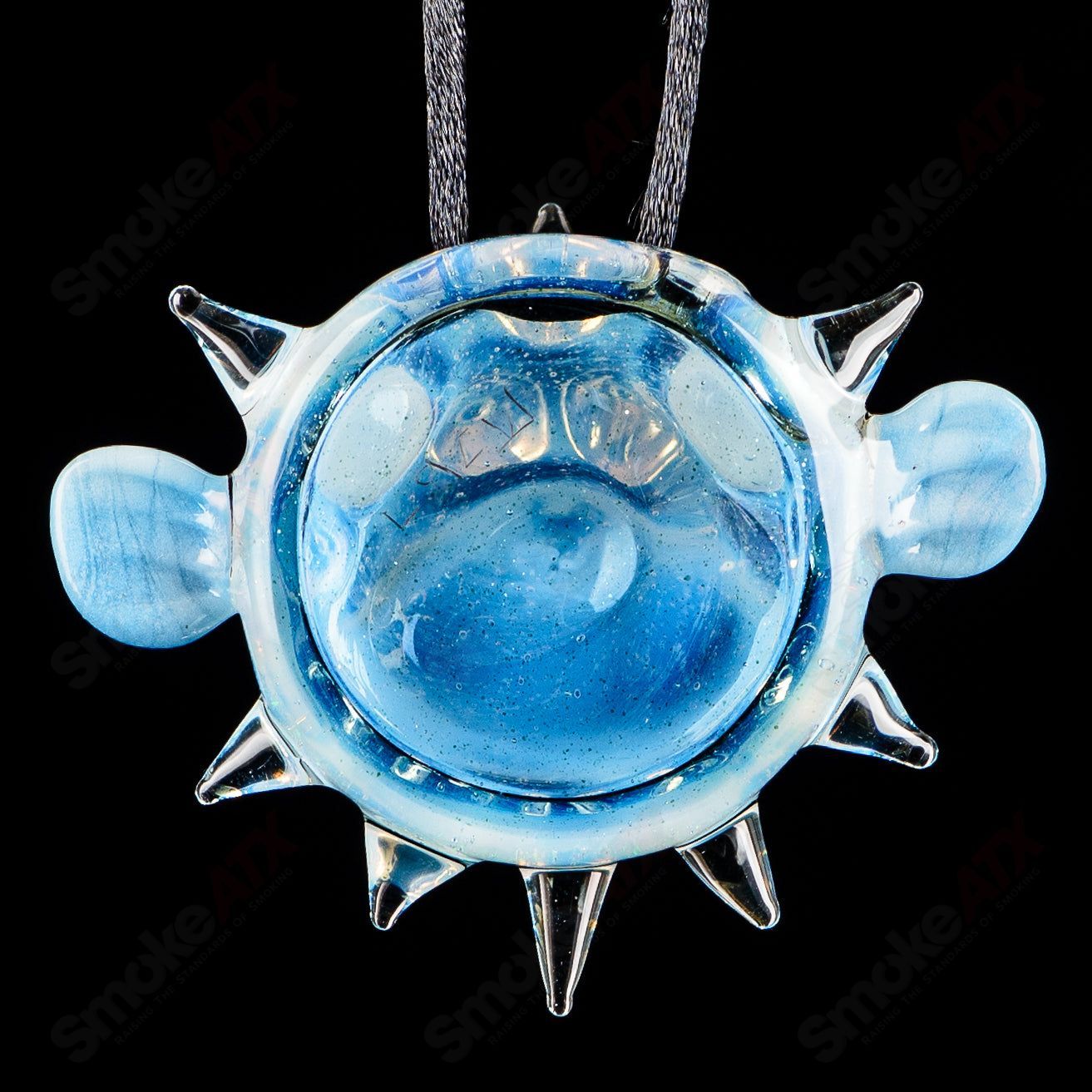 Chadd Lacy Glass Heady Glass pendant featuring a three-puffer design with colorful glass accents.