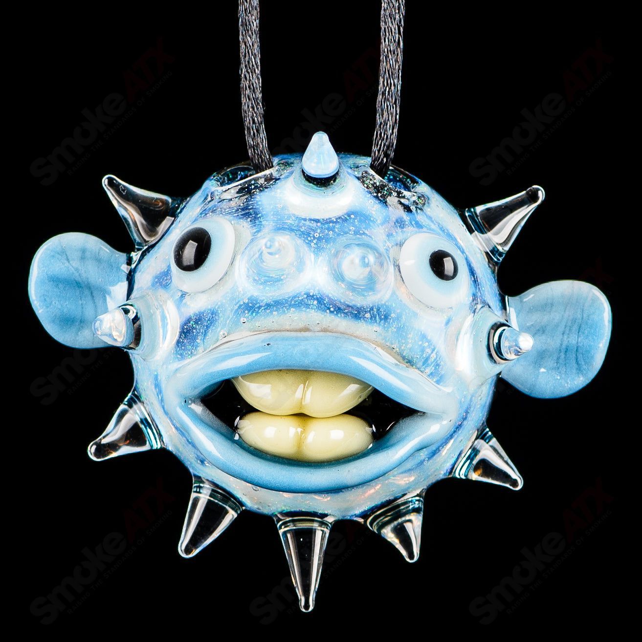 Chadd Lacy Glass Heady Glass pendant featuring a three-puffer design with colorful glass accents and intricate craftsmanship.